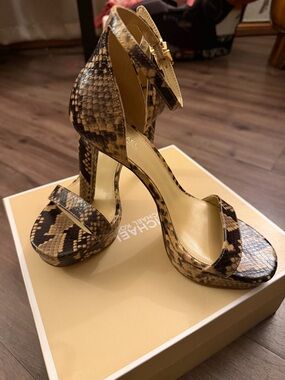 Michael Kors Snake-Print Ankle Strap High Heels - Tan/Black